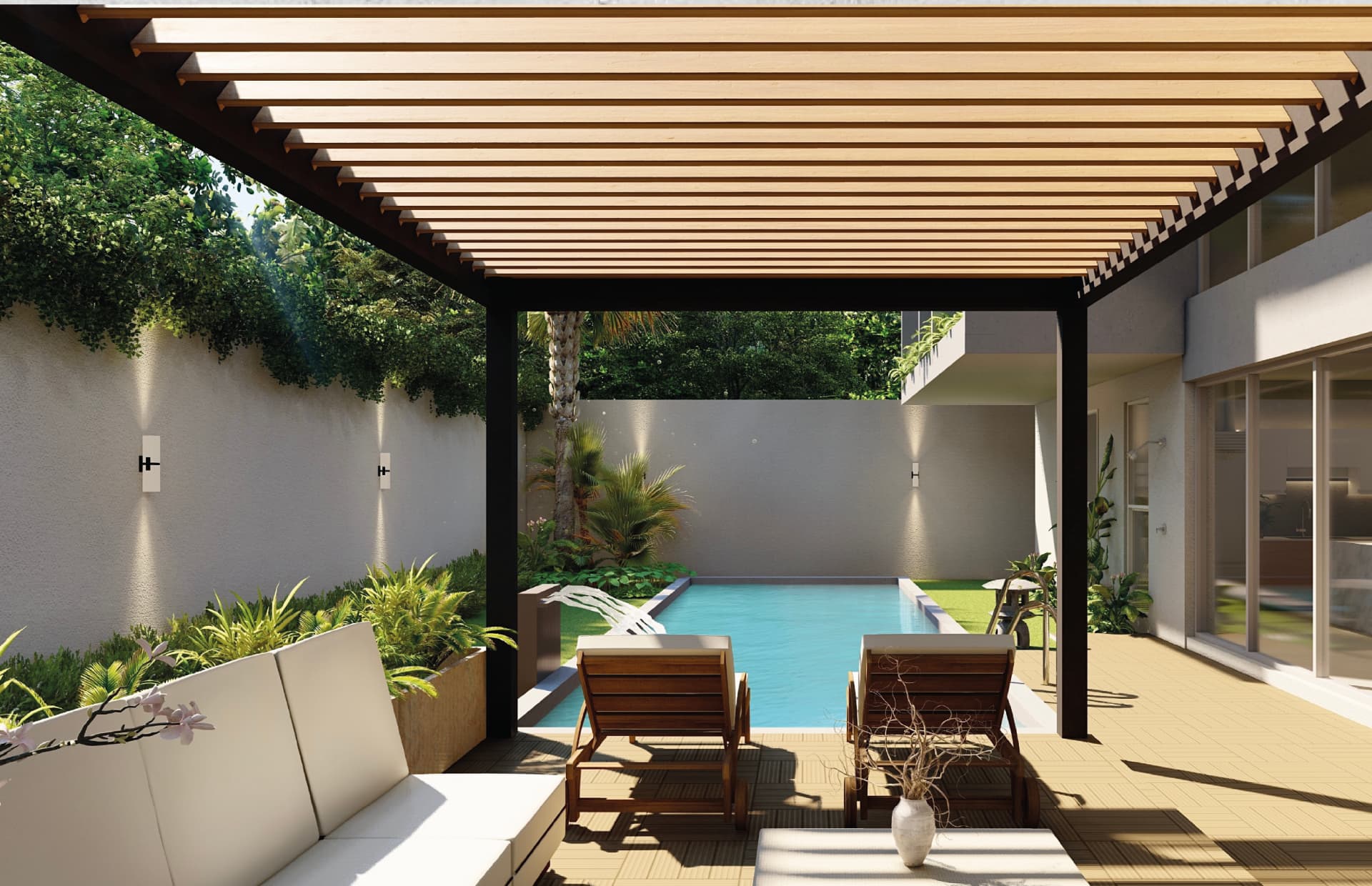Terraza con pérgola de madera y alberca