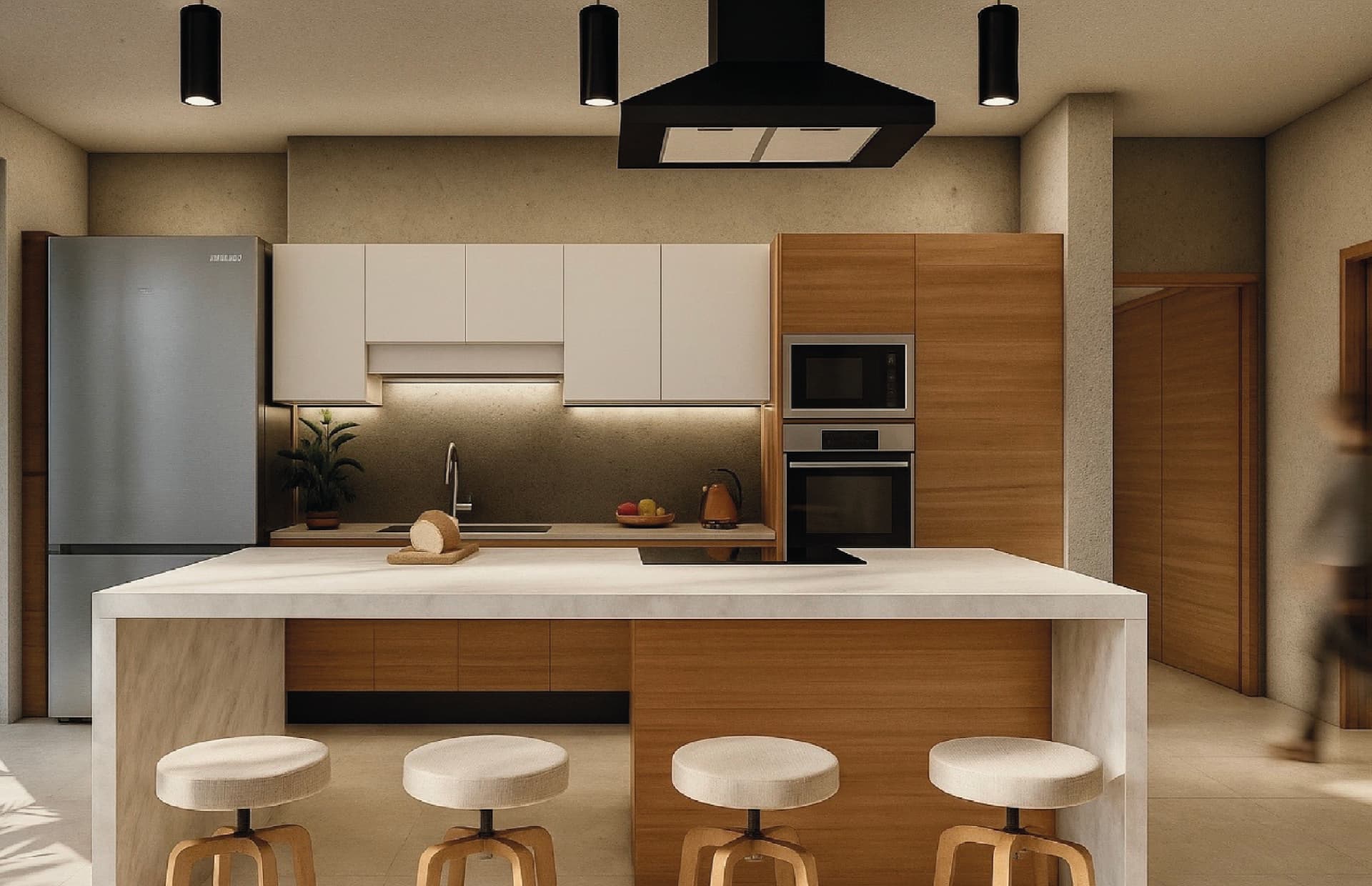 Cocina con isla y carpintería de madera